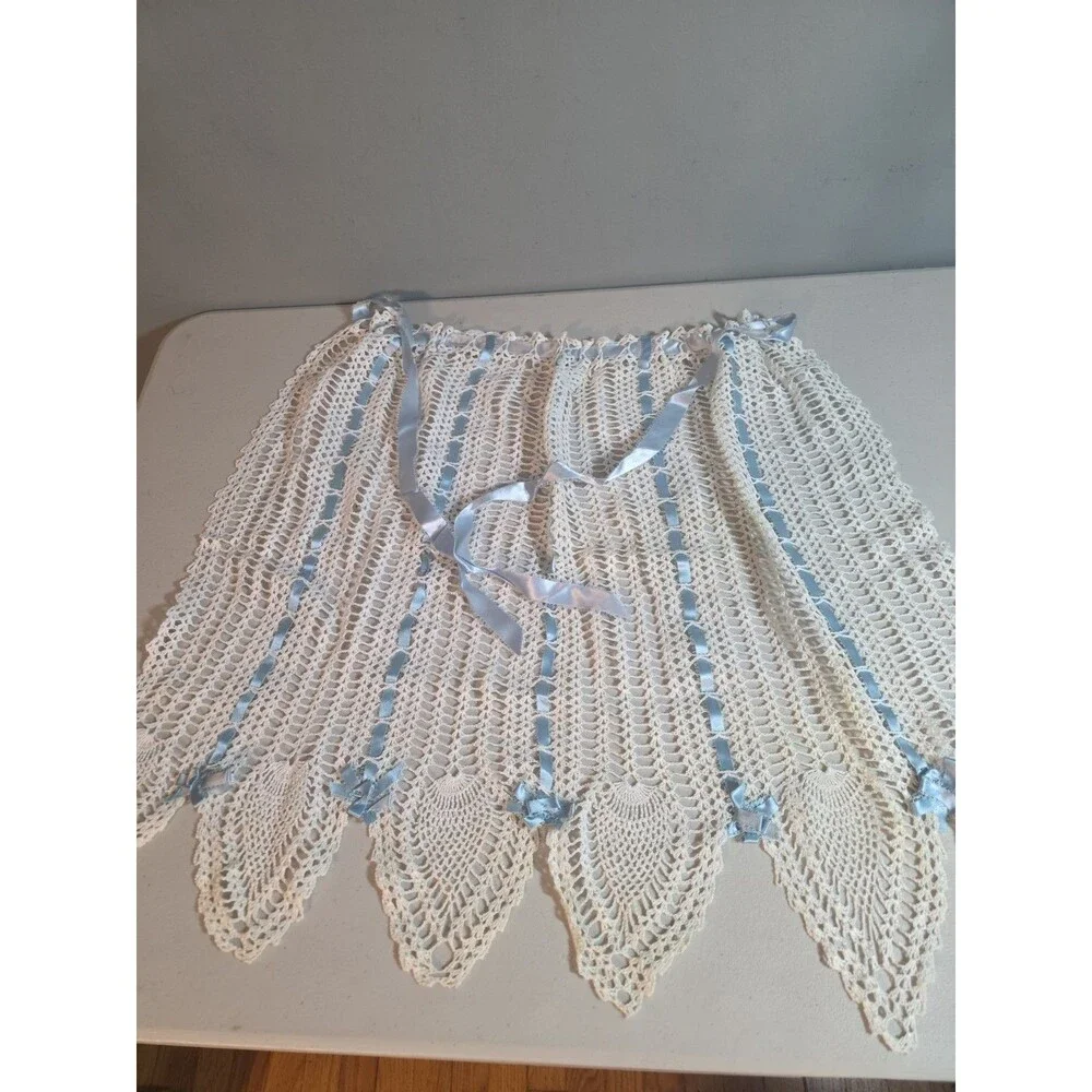 Vintage Handmade White Crochet Lace Apron with Blue Ribbon Ties